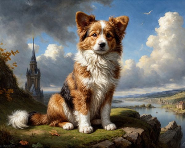Tri-Colored Dog in Majestic Landscape with Castle