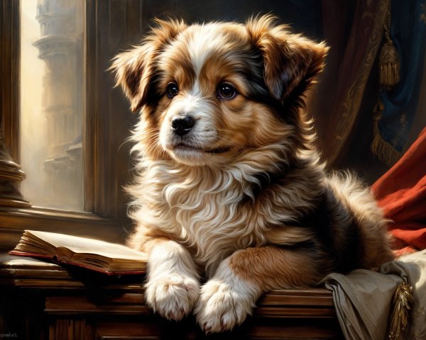 Fluffy Dog Relaxing on a Book with Warm Lighting