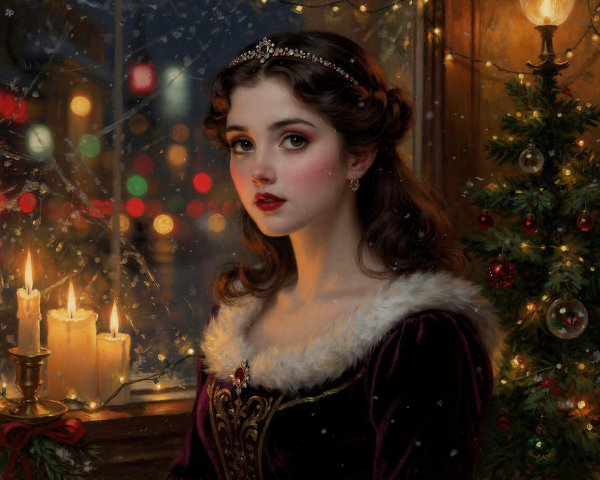 Close-Up Digital Painting of a Young Woman in Velvet Gown