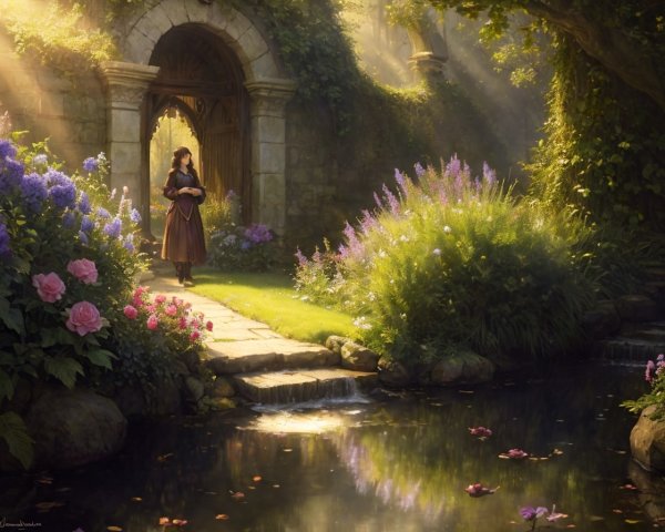 Tranquil garden scene with stone archway, vibrant flowers, pond, and contemplative woman reading