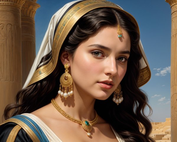 Young woman in golden headdress and elegant jewelry