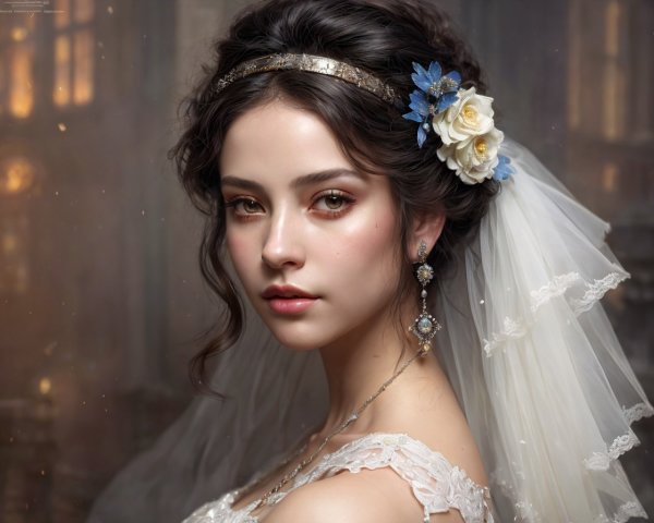 Elegant Young Woman in Bridal Gown with Veil