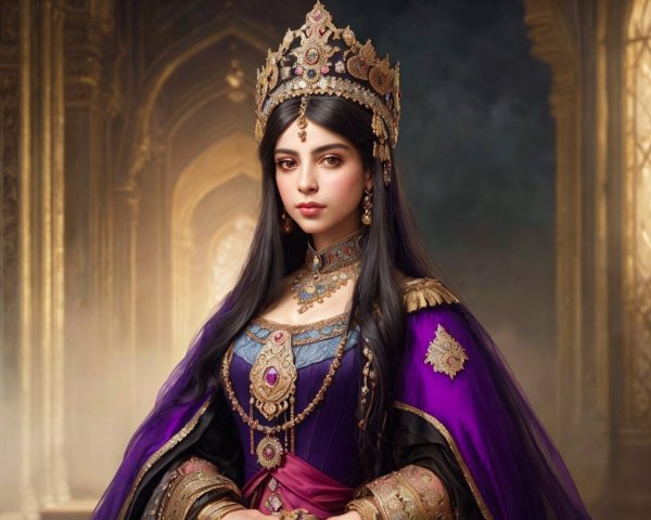 Regal Young Woman in Purple Gown with Crown and Jewelry
