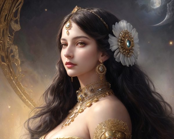 Woman in Golden Jewelry with Crescent Moon Backdrop
