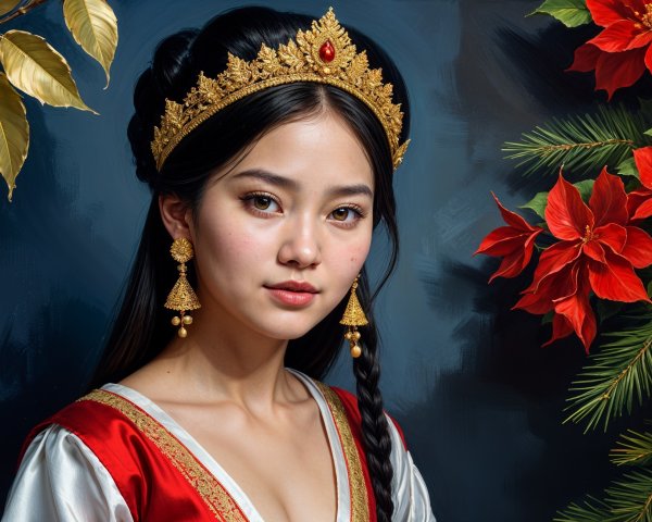 Young woman in ornate crown amidst vibrant foliage