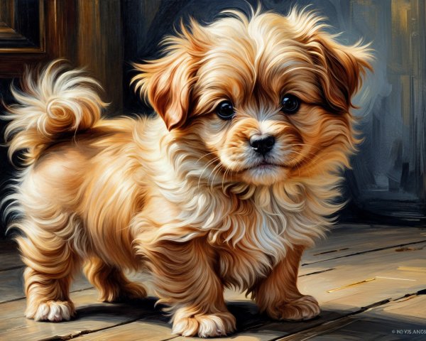 Fluffy Golden-Brown Puppy on Wooden Floor