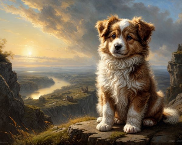 Golden-brown dog on rocky ledge with scenic sunset view