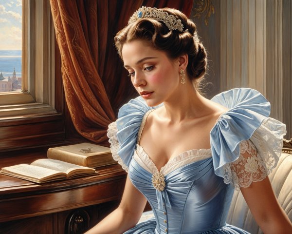 Young woman in blue gown by grand window with book