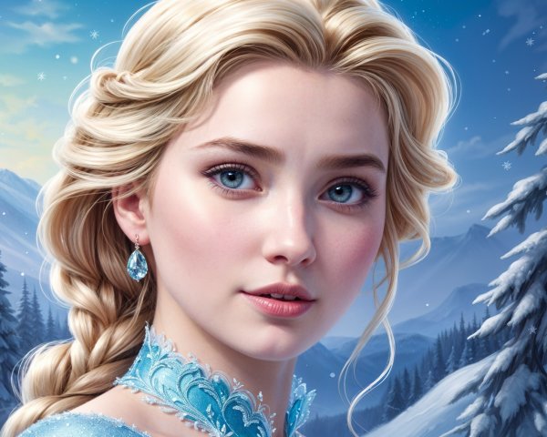 Portrait of a girl in a snowy landscape with blue outfit