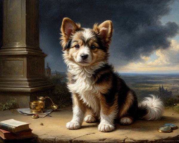 Tri-Colored Corgi on Pedestal with Dramatic Sky