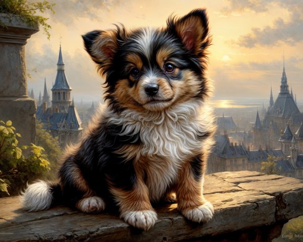 Fluffy puppy on a stone ledge with medieval city backdrop