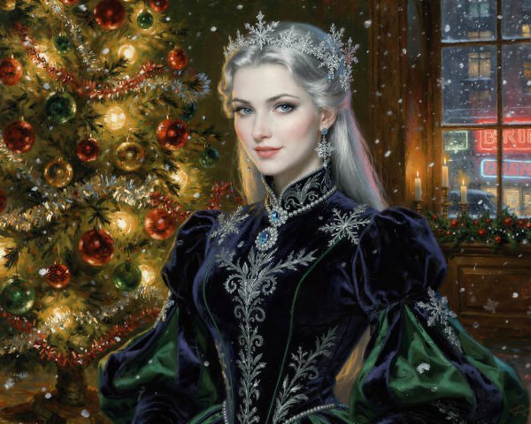 Intricate Digital Painting of a Young Woman and Christmas Tree