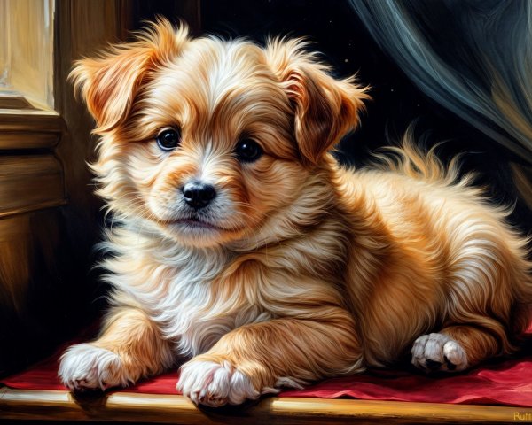Fluffy Golden Puppy Relaxing on Red Cushion