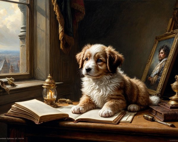 Fluffy Puppy on Book in Cozy Elegance Setting