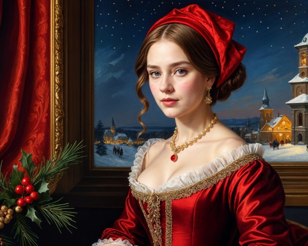 Young Woman in Red Gown Against Winter Backdrop