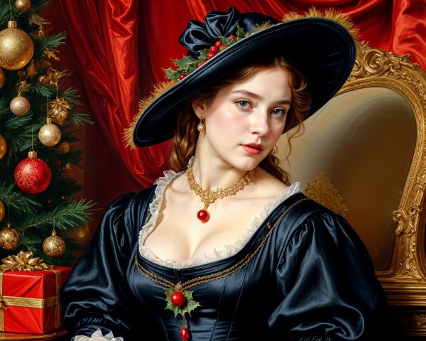 Young woman in black gown by decorated Christmas tree