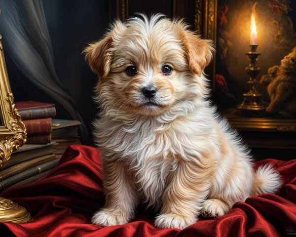 Fluffy Golden Puppy on Red Velvet Drape with Decor