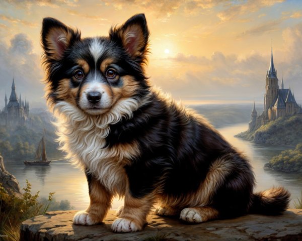 Fluffy Dog by Serene River and Castle at Sunset