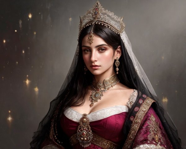 Regal Woman in Burgundy Gown with Crown and Jewelry