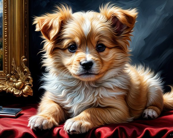 Golden-brown fluffy puppy on red fabric background