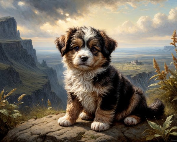 Fluffy Puppy on Rocky Ledge with Scenic Landscape
