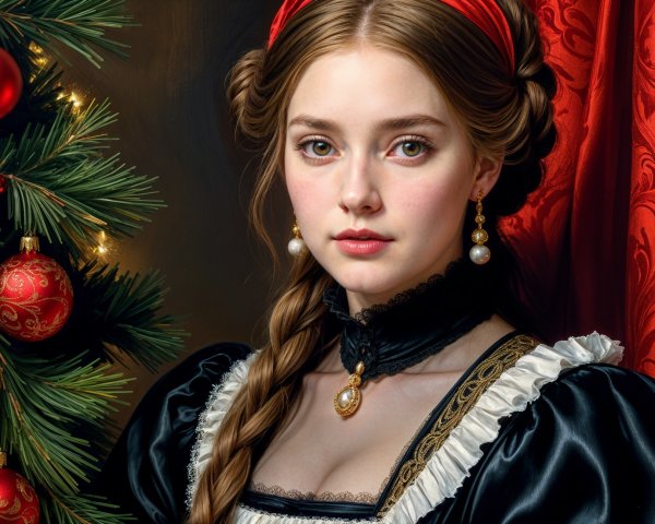 Young woman in black dress with festive Christmas backdrop