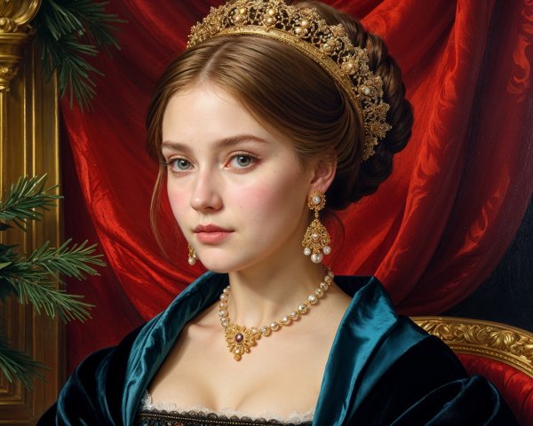 Elegant Young Woman in Dark Blue Gown and Crown