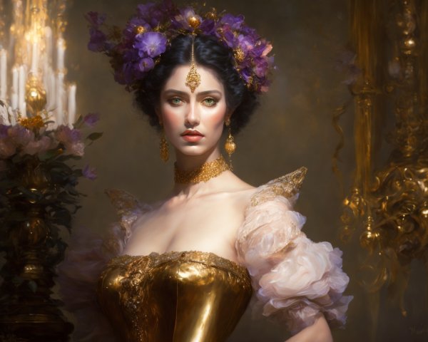 Painting of a Woman in Floral Crown and Jewelry