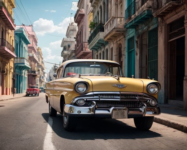 Vintage yellow car parked on sunny street with old buildings