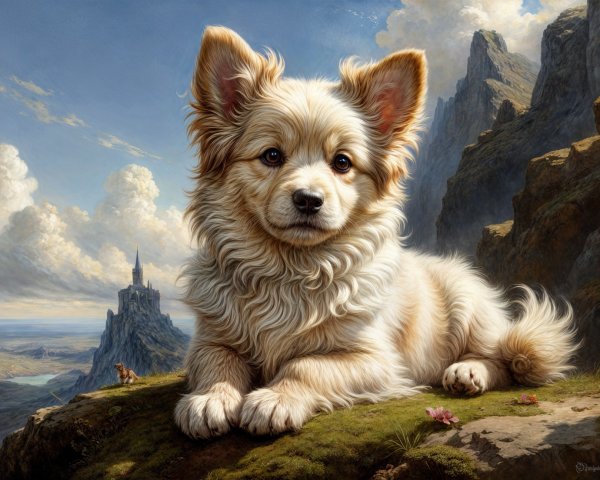 Fluffy Dog on Rocky Outcrop with Mountain Castle View