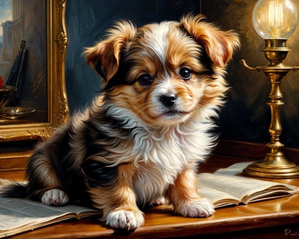Fluffy Tri-Color Puppy on Stack of Open Books