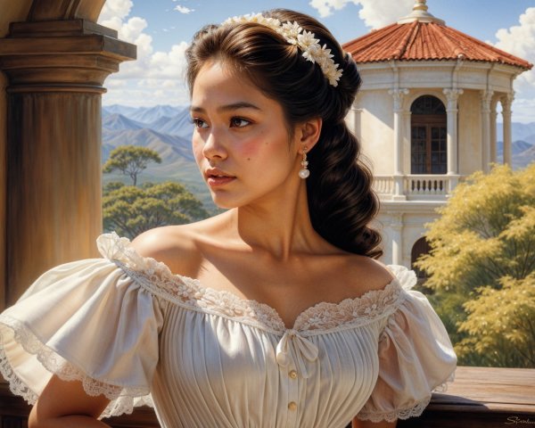 Young woman in white dress against scenic landscape