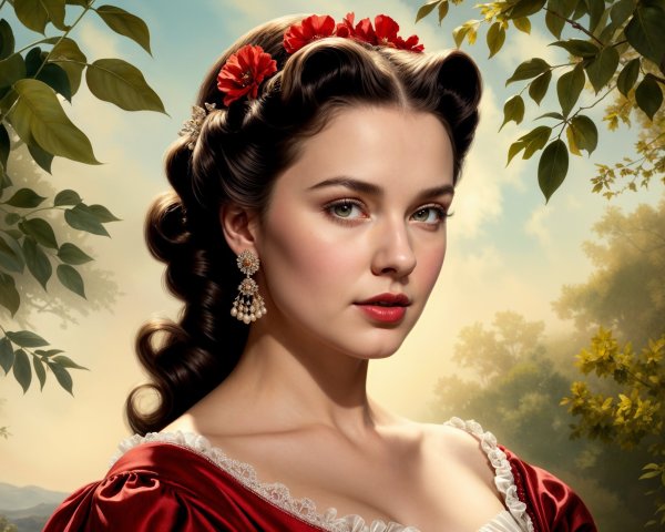 Young woman in red dress with flowers in lush setting