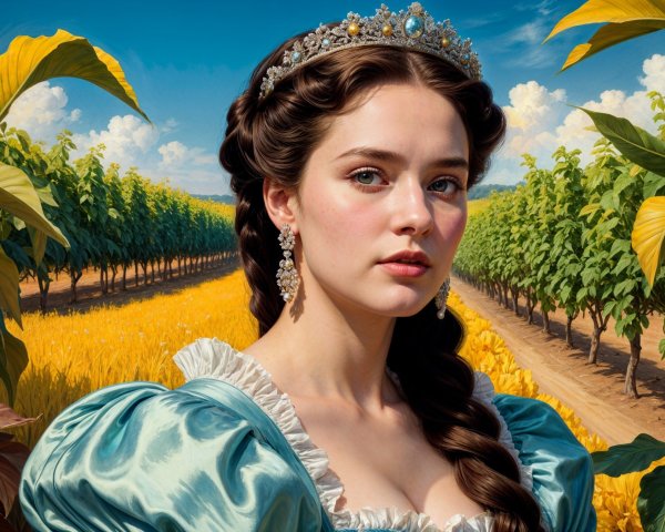 Young Woman in Blue Dress in Sunlit Vineyard