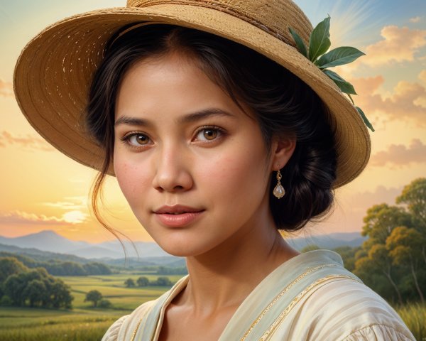 Young Woman in Straw Hat at Sunset in Scenic Landscape