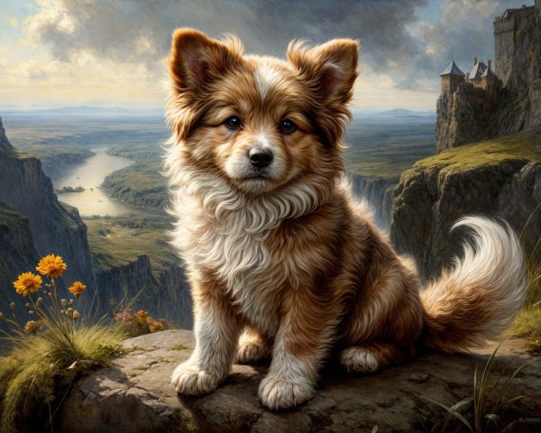 Fluffy Dog on Rocky Ledge Overlooking Scenic Landscape