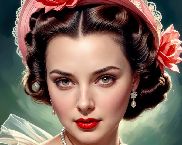 Vintage Portrait of a Woman with Curly Hair and Roses