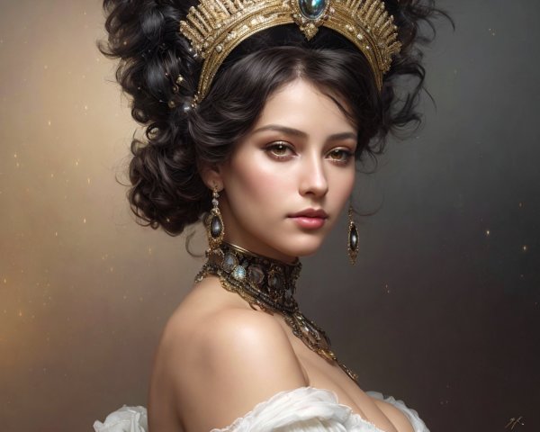 Young woman in crown and white dress with ethereal glow