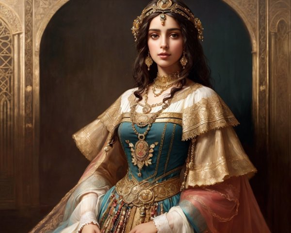 Elegant Historical Costume with Intricate Jewelry