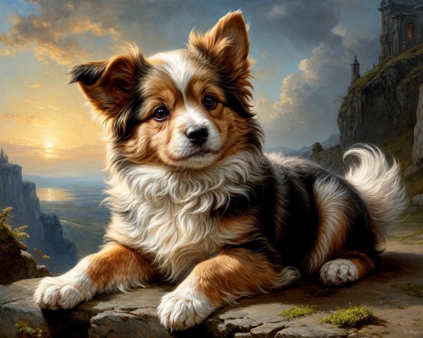 Tri-colored dog on rocky ledge with sunset backdrop