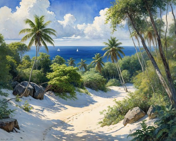 Tropical Landscape with Sandy Path and Sailboats