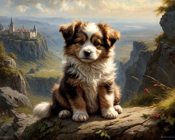 Fluffy Puppy on Rocky Ledge with Scenic Landscape