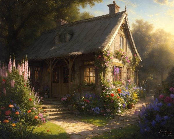 Thatched Roof Cottage Surrounded by Lush Gardens