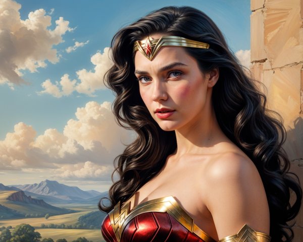 Superhero Woman in Red Bodice with Gold Accents