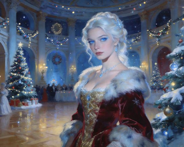 Whimsical Painting of a Victorian Woman in Winter Ball