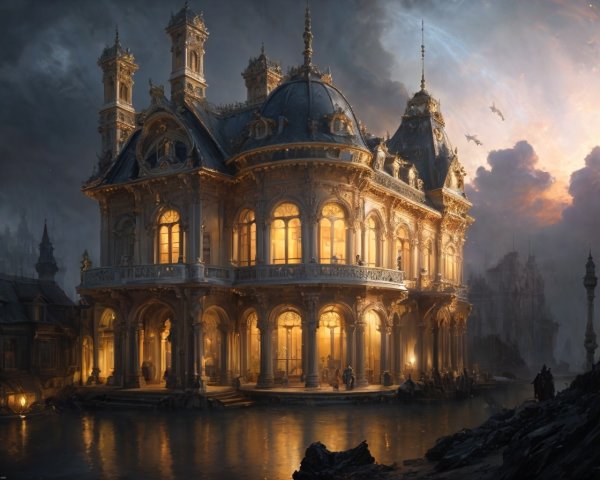 Opulent Baroque Mansion on Waterfront at Dusk