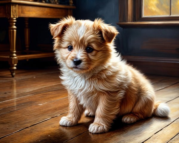 Fluffy Golden-Brown Puppy on Wooden Floor