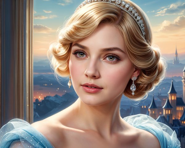 Young woman in blue gown with tiara at sunset castle
