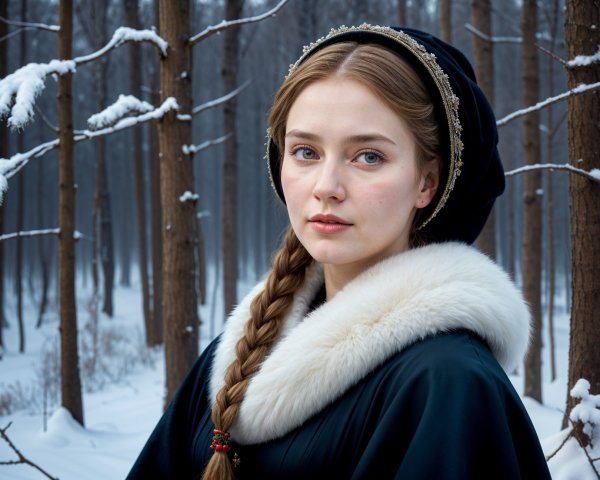 Young woman in snowy forest with elegant attire
