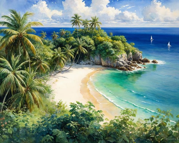 Tropical Beach Scene with Sand, Palm Trees, and Waves